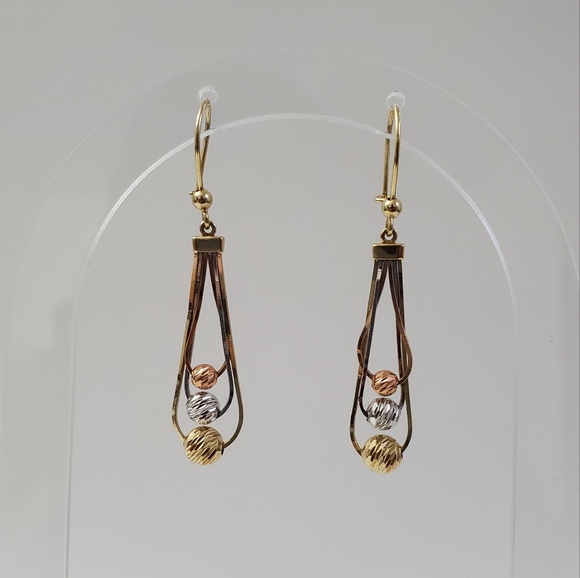 14K Gold Tricolor Bead Cascading Earrings - Picture 5 of 8